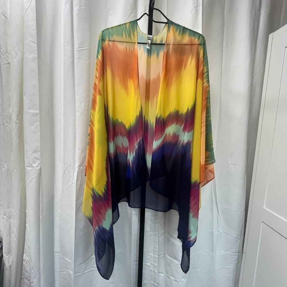 Chico's Tie Dye Sheer Kimono Wrap Multi-Color Chiffon Open Front One Size Boho